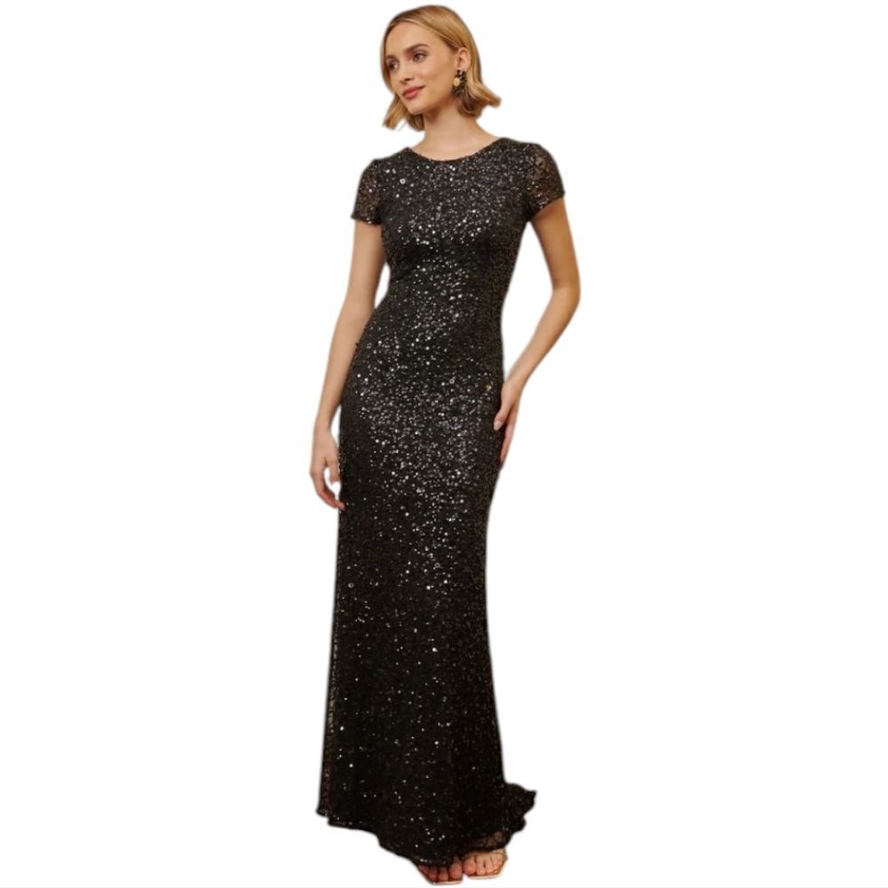 Adrianna Papell Black Sequin Maxi Dress Size 16
